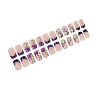 24 PCS Mediums Square Faux Nails Flower Artificial Nails French Tip Stick On Festival Press On For Woman