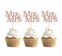 24 Pcs Mr Mrs Cupcake Toppers Cher Mr Mrs Cupcake Picks Rose Gold Glitter Wedding Cucpake Toppers Bridal Shower Cake Decorations Party Supplies