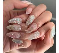 24 Pcs Papillon Faux Ongles Fleur Ongles Artificiels Arcs Couvertures Pleines Bâtons Sur Les Ongles Moyens D'amande Appuyez Sur Les Ongles