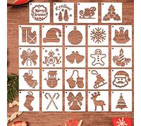 24 Pcs Pochoirs peinture de Noël en bois, petits pochoirs réutilisables dessin flocon neige, père Noël et d'arbre Noël pour bricolage, l'artisanat et décoration d'intérieur (3x3 Inch)