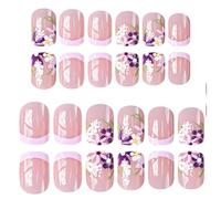 24 Pcs Pointe Française Presse Sur Les Ongles Courts Carrés Faux Ongles Fleurs Colorées En Acrylique Complets Couvertures
