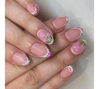 24 Pcs Pointes Françaises Stick Sur Des Ongles Faux Ongles Brillant Courte Courte Ovale Sur Les Fleurs Sucrées Acrylique Artificiel