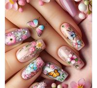 24 PCS Presse Brillante Sur Les Clous Longs Ballerines Fausses Ongles Beaux Fleurs Bâton Sur Le Papillon Artificiel