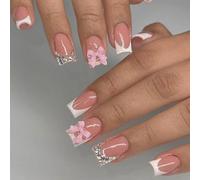 24 Pcs Rose Arc Diamant Français Manucure Comprimés Carré Presse Ongles Strass Design Nude Rose Faux Ongles Couverture Complète Colle Manucure