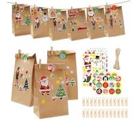 24 Pcs Sac en Papier Kraft，Pochette Cadeau，Sachet Bonbons Anniversaire，Sachet Papier Kraft，Sacs à Sandwich pour Bonbons et Cadeaux avec Stickers，Pinces en Bois et Corde en Jute（24×13×8cm）