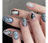 24 PCS SLIMESTONS PRESSIONS SUR LES NOURS PAPILLES FAUX Nails Silver Black Lignes Acryliques Couvertures Complètes