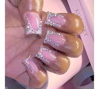 24 PCS Square Artificial Nails French Tip Press On Glossy False Rhingestones Stick On Party