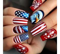 24 PCS Star Artificial Nails Mediums Square Full Covers Faux Nails Flags Stick On Nails Independence Day Presse Sur Les Ongles