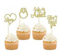 24 Pezzi Topper per Cupcake di He Asked She Said Yes, Toppers di Cuore Anello Diamanti, Glitter Anello di Diamante Cuore Decorazione per Matrimonio Fidanzamento Sposa Party