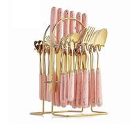 24 Piece Ceramic Flatware Set | Stainless Steel Cutlery Set with Storage Rack | Gold and Pink Tableware for Home/Restaurant/Party | Dishwasher Safe Utensils