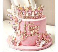 24 pièces/3 pièces Ensemble de décoration de gâteau de luxe avec couronne en strass, papillon et Happy Birthday, convient pour la décoration de gâteau et de dessert de fête d'anniversaire de princesse