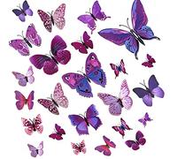 24 Pièces 3D Papillon Stickers Muraux Décoration Papillon pour Fête, Chambre, la Décoration de Gâteau, pour Filles et Garçons (Violet)