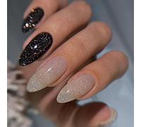 24 Pièces Amande Faux Ongles Court French Noir Blanc Ongles à Coller Naturel Ovale Acrylique Bâton sur Les Ongles avec Brillant Dessin Ballerine Press on Nails pour Femmes et Filles DIY Nail Art