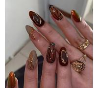 24 Pièces Amande Faux Ongles Moyen 3D Faits Main Press on Nails avec Motif Ailes de Papillon Brillant Français Acrylique Ongles à Coller Couverture Complète Ongles Artificiels pour Femme et Fille