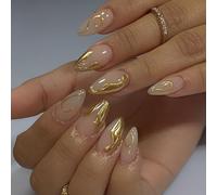 24 Pièces Amond Press Sur Les Clous Courts Faux Couvertures Complètes Acrylique Brillant Avec Conceptions De Lignes Dorées Accessoires Party Ready Nail