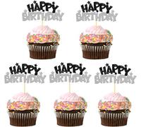 24 Pièces Anniversaire Décoration Cupcake Toppers, Paillettes Décoration pour Gâteau, "Happy Birthday" Cake Toppers pour La Fête d'Anniversaire Fille ou Garçon (Noir et Argent)
