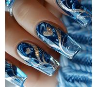 24 Pièces Appuyez Sur Les Ongles Avec Des Paillettes D'or Coeur Art Bleu Carré Styles Manucure Accessoires Pour Femmes Et Filles Facile À Appliquer