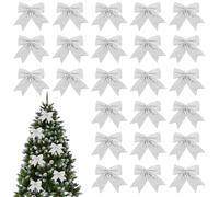 24 Pièces Arcs de Noël Pailletés, Noeud de Ruban de Noël, pour Couronnes de Noël, Décorations de Noël pour Portes, Fenêtres, Jardins (Argent)