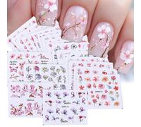 24 pièces Autocollants d'art pour ongles Sakura rose, Décalcomanies florales aquarelle, Motif botanique, Convient pour les fournitures d'ongles acryliques, Décoration d'ongles printemps/été PlantesPET