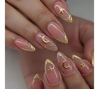 24 pièces Autocollants de gel 3D en forme d'amande faits à la main, créez divers designs d'art pour les ongles comme l'or, la lune, les étoiles, la French manucure dorée, le design en forme d'amande, 