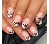 24 pièces Autocollants de manucure française ovale courte avec nœud mignon, pois et paillettes, ajustement parfait, matériau acrylique, le set comprend : 1 pièce de vernis gel et 1 pièce de lime à ong