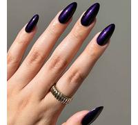 24 pièces Autocollants d'ongles acryliques en forme d'amande aux yeux de chat violets brillants dans le style Y2K. Parfaitement ajustés, les ongles aux yeux de chat violets et bruns font briller magni