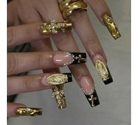 24 pièces Autocollants d'ongles de manucure française de luxe en forme de cercueil long, design pailleté noir et or avec décoration de perles 3D, convient aux femmes et aux filles pour porter lors de 