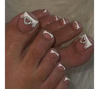 24 pièces Autocollants d'ongles d'orteil carrés factices pour créer de nouveaux nail arts ! Design blanc Sakura et strass, base nude blanche brillante, faux ongles d'orteil français blanc nuage, ensem