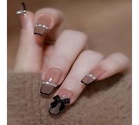 24 pièces Autocollants d'ongles en forme de cercueil dégradé de luxe, décorés de strass brillants et de jolis noeuds - Set de faux ongles dégradés nude/marron, comprend gel de gelée et lime à ongles, 