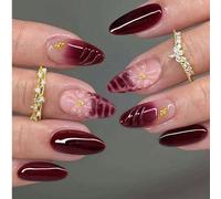 24 pièces Autocollants d'ongles en gel 3D en forme d'amande, design d'art floral pour ongles, style French Tip, décoration de croix métallique de taille moyenne, accent de faux perles, parfait pour le