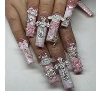 24 pièces Autocollants d'ongles longs supplémentaires en forme de cercueil avec des designs Sanrio rose ballet, Hello chat, croix, étoile, cœur. Convient pour le port quotidien, les fêtes des femmes.