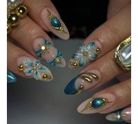 24 pièces Autocollants pour manucure française en forme d'amande moyenne, style vacances Ins, bout des ongles doré brillant, bleu-vert, design floral 3D, élégant, ambiance bohème d'Asie du Sud-Est, co