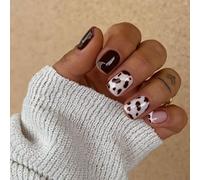 24 pièces Autocollants pour ongles courts carrés noirs avec imprimé léopard et vache, avec 1 flacon de colle et 1 lime à ongles, convient pour la vie quotidienne des femmes et diverses fêtes Blocs de 