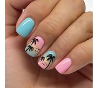 24 pièces Autocollants pour ongles courts carrés, style ombré coucher de soleil plage d'été avec cocotiers. Faux ongles couvrant entièrement, convient pour les femmes et les filles pour les fêtes, le 