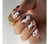 24 pièces Autocollants pour ongles courts ovales blancs, bruns et noirs pour manucure française avec imprimé vache et design de ligne dorée, convient pour le kit d'ongles acryliques, comprend 1 pièce 