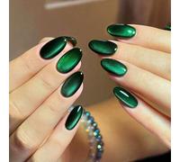 24 pièces Autocollants pour ongles courts ovales brillants Y2K, en matériau acrylique à l'effet œil de chat vert cristal, design forme amande, ajustement parfait. Des ongles verts qui font briller mag