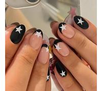 24 pièces Autocollants pour ongles courts ovales, ongles courts noirs à la française, motif étoile blanc, faux ongles brillants à couverture intégrale, convient pour les femmes, les filles pour un por