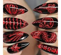 24 pièces Autocollants pour ongles de forme amande Halloween, corps de squelette rouge doux et cool, rose rouge, papillon, ongles noirs, fleur d'os à la mode, colonne vertébrale cool, côtes, crâne, os