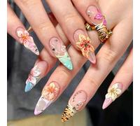 24 pièces Autocollants pour ongles de style occidental en forme d'amande avec relief : Décalcomanies d'art pour ongles 3D mat floral & imprimé tigre dégradé ABS,Gelée,Carborundum