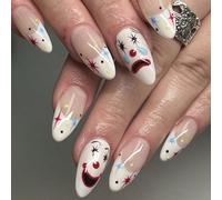 24 pièces Autocollants pour ongles en forme d'amande de taille moyenne, motifs visage souriant mat, étoile en larmes, clown. Fournitures pour nail art à presser. ABS