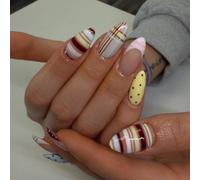 24 pièces Autocollants pour ongles en forme d'amande longue, série de couleurs macaron, rayures et pois, le set comprend : 1 pièce de colle gelée et 1 pièce de lime à ongles. Art des ongles d'été. Ong