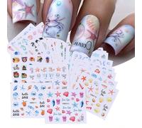 24 pièces Autocollants pour ongles style océan d'été, Décalcomanies d'art pour ongles par transfert d'eau, motifs coquillages, tortues, étoiles de mer, hippocampes, poissons. Décorations pour ongles à