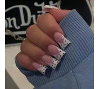 24 pièces Autocollants pour ongles style Y2K rose clair et blanc avec motifs pointe française, cœur et pois. Style girly rose. Ensemble de faux ongles parfaits incluant 1 flacon de colle et 1 lime à o