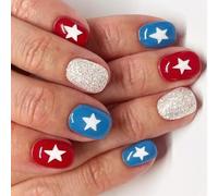24 Pièces Bâton De Fête De L'indépendance Sur Les Ongles Étoile Artificielle Courte Ronde Faux 4 Juillet Appuyer Sur