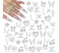 24 pièces Bijoux pour ongles en alliage Y2K avec décorations de strass, incluant des cœurs 3D, des étoiles, des nœuds, des cerises, des pierres et joyaux brillants. Accessoires pour nail art, fournitu