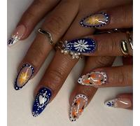 24 Pièces Bleu Blanc Français Pointe Acrylique Ongles Courts Amande Faux Bâton Avec Coeur Brillant Presse Dessus