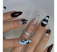 24 Pièces Bleu Clair Rayure Étoile À Pois Médiums Amande Faux Ongles Finition Brillante Non Toxique Ongles Artificiels Pour Les Fêtes Usage Quotidien Manucure Brillant Vagues Conception Presse Sur