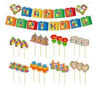 24 Pièces Blocs De Construction, 1 Pièce Drapeau Joyeux Anniversaire, Décoration De Gâteau De Bloc De Construction Créative, Décoration De Gâteau, Décoration De Fête D'Anniversaire Pour Enfants