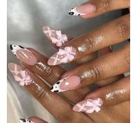 24 Pièces Brillant Presse Sur Ongles Français Conseils Faux Doux Arcs Couvertures Complètes Bâton Sur Court Amande Acrylique