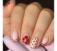 24 pièces brillants courts carrés à presser sur les ongles français oranges marron à pois fleurs art faux ongles application facile ABS sûr pour les femmes fleurs marron ABS pour les femmes